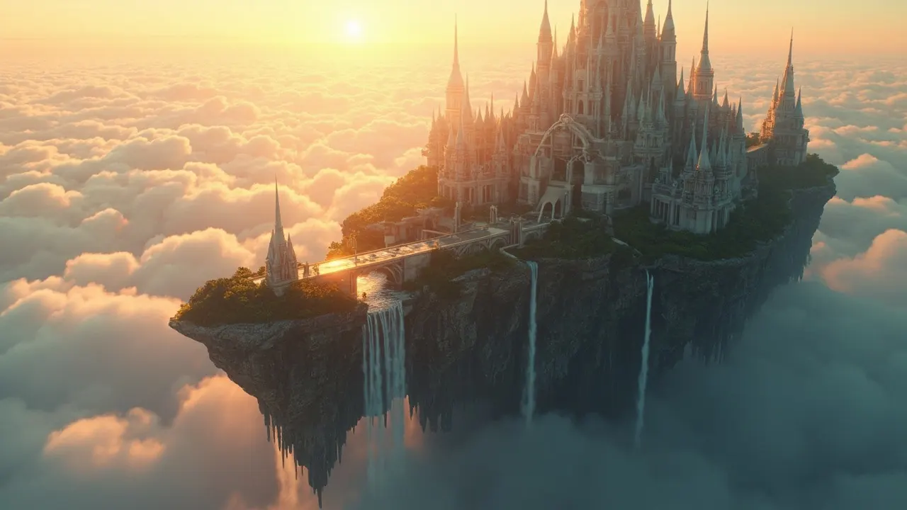 An AI picture made with FacelessCast: a floating island city above the clouds