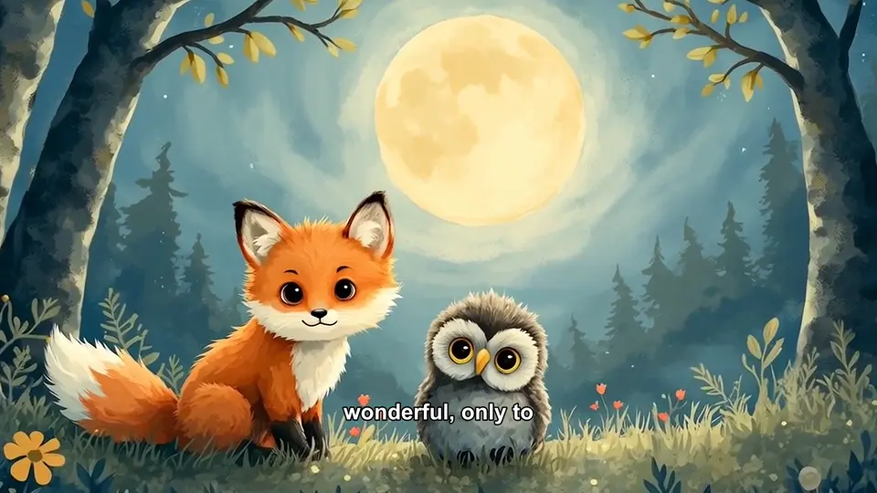 The little fox and the owl in a moonlit forest